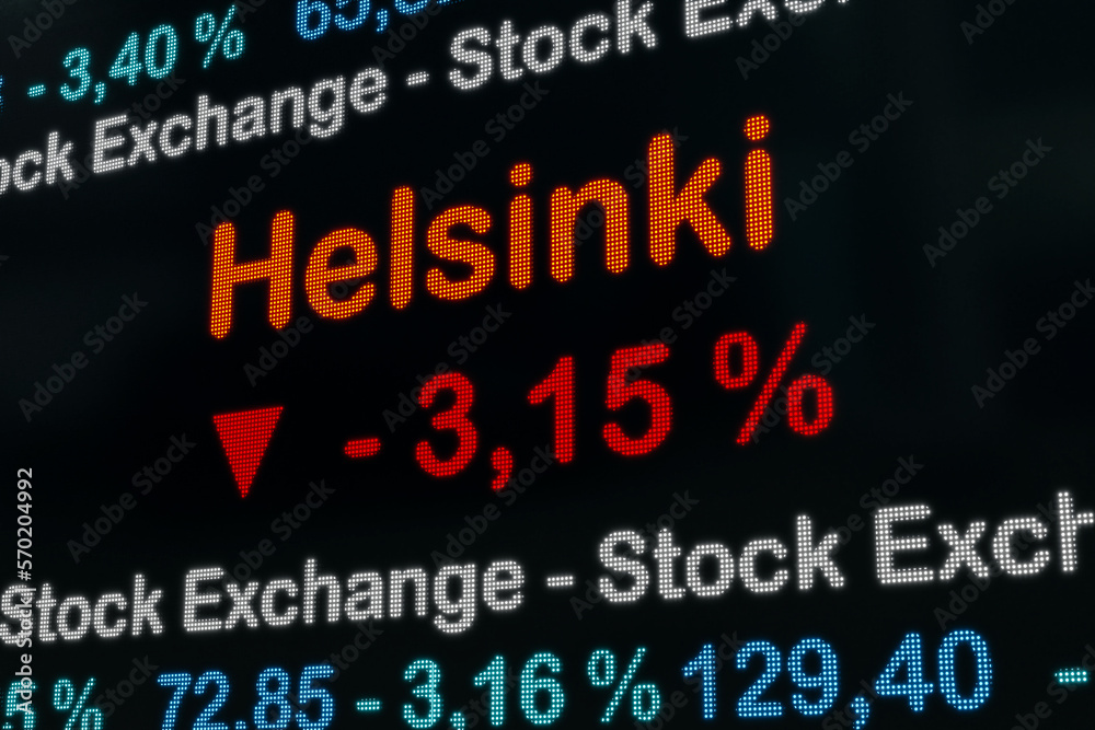 Helsinki Stock market moving down. Finland, Helsinki, negative stock market data on a trading screen. Red percentage sign and ticker information. Stock exchange and business concept. 3D illustration