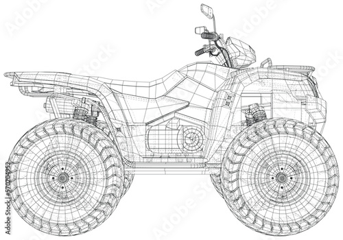 ATV truck black and white vector line art. The layers of visible and invisible lines are separated. EPS10 format. Vector created of 3d.