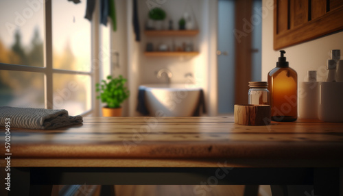 Empty Table For Product Placement With Blurry Bathroom Interior Background Created With Generative Ai © MuhammadNaufal