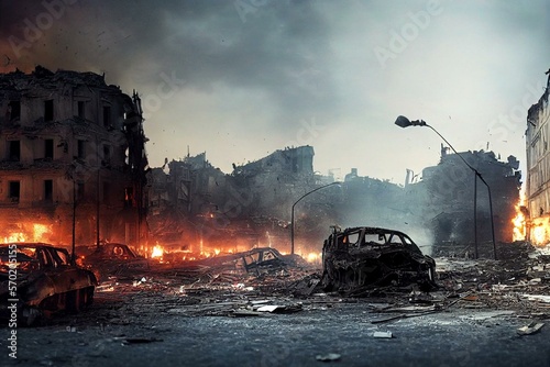 Papier peint Russia war damage building destruction city war ruins city damage car