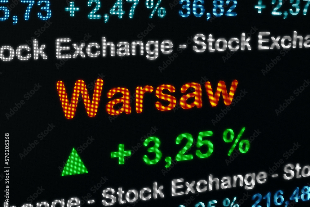 Warsaw stock exchange moving up. Poland, Warsaw positive stock market data on a trading screen. Green percentage sign and ticker information. Stock exchange and business concept. 3D illustration Warsaw stock exchange moving up. Poland, Warsaw positive stock market data on a trading screen. Green percentage sign and ticker information. Stock exchange and business concept. 3D illustration