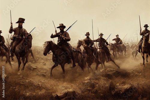 Billede på lærred Digital illustration of soldiers with muskets on horses during the American civil war