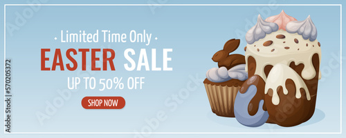 Easter sale. Traditional pastries decorated with icing and chocolate bunny, painted eggs. Vector illustration for the spring holiday. Horizontal banner, flyer, poster