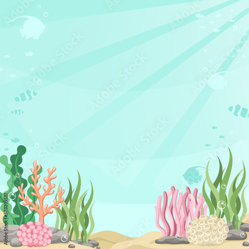 Underwater scene with fishes, coral reef and seaweed backdrop. Marine life vector design template. Backgrounds with copy space for text for banners, social media stories