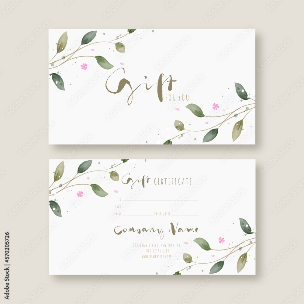  Gift voucher card template. Modern discount coupon or certificate layout in rustic style. Greenery Watercolor Floral Vector illustration.