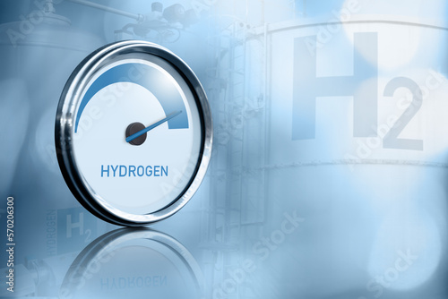 Concept of hydrogen gauge on a background of gas tanks