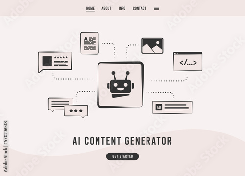 Artificial Intelligence Content Generator and AI writer bot. Create content for e-commerce websites, articles, advertising, chatbots, create image from text. Flat design landing page template