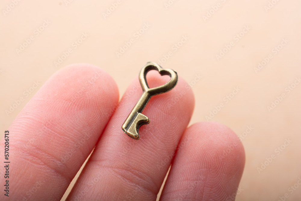 Heart shaped retro valentine metal key in hand