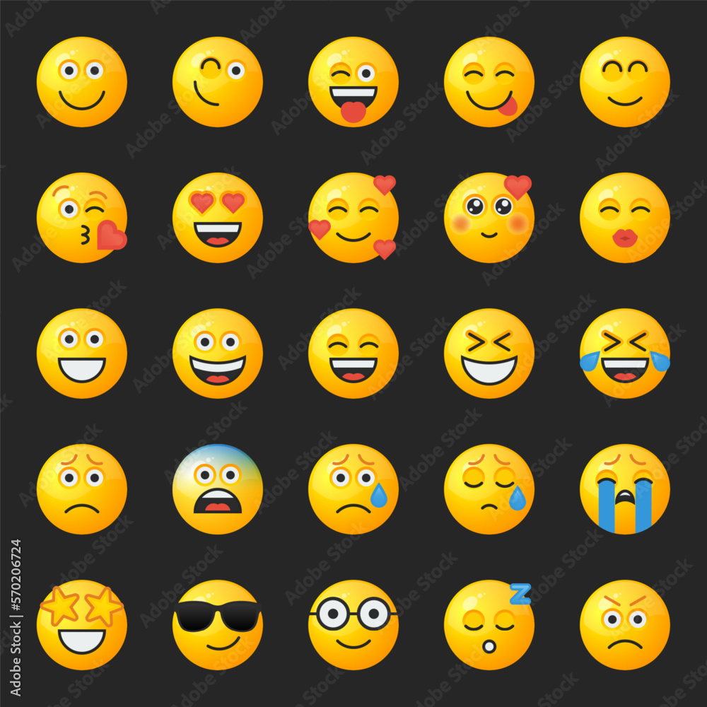Set of yellow round emoticons for social networks or web design with different facial expressions. Set of yellow round emoticons for social networks or web design with different facial expressions.
