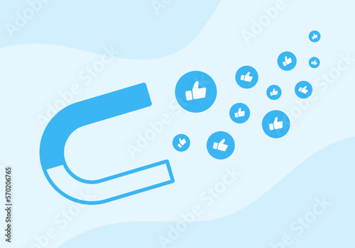 Social media engagement concept symbolizing attraction of likes. Strategy for audience engagement and customer acquisition, user retention. Increase engagement and boost marketing success