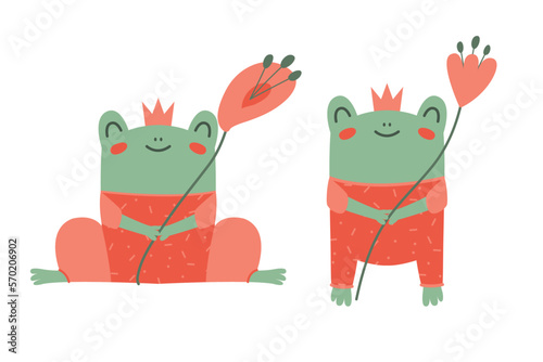 Hand drawn caertoon illustration of a cute happy frog in overalls and crown, with flower. Concept for children gentle print in flat style. Elements of princess-toad isolated.