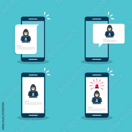 Hacker, malware notification on mobile phone. Smartphone with hacker alert, spam data on cellphone fraud error message, scam, virus. Flat vector illustration.
