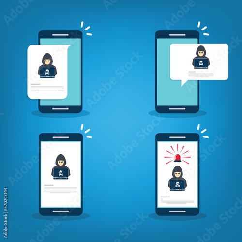 Hacker, malware notification on mobile phone. Smartphone with hacker alert, spam data on cellphone fraud error message, scam, virus. Flat vector illustration.