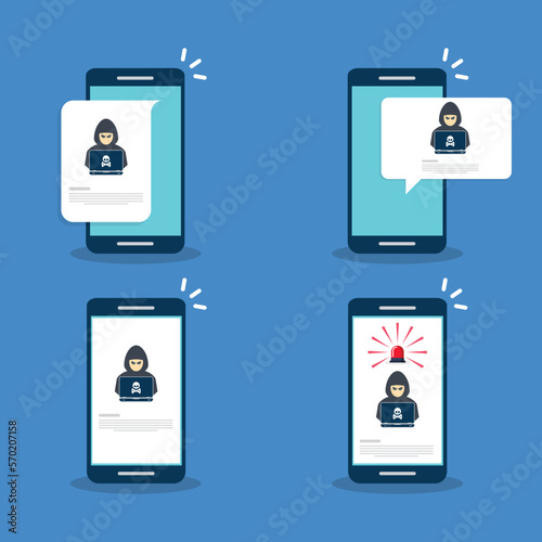 Hacker, malware notification on mobile phone. Smartphone with hacker alert, spam data on cellphone fraud error message, scam, virus. Flat vector illustration.