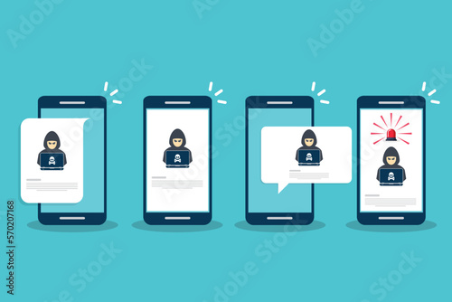 Hacker, malware notification on mobile phone. Smartphone with hacker alert, spam data on cellphone fraud error message, scam, virus. Flat vector illustration.