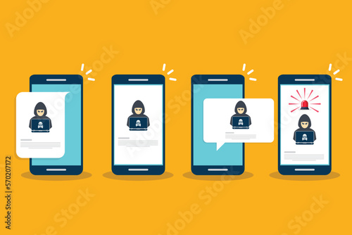 Hacker, malware notification on mobile phone. Smartphone with hacker alert, spam data on cellphone fraud error message, scam, virus. Flat vector illustration.
