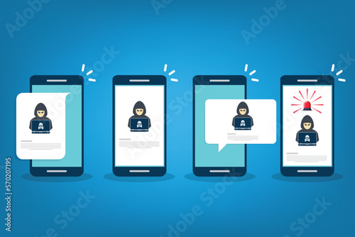 Hacker, malware notification on mobile phone. Smartphone with hacker alert, spam data on cellphone fraud error message, scam, virus. Flat vector illustration.