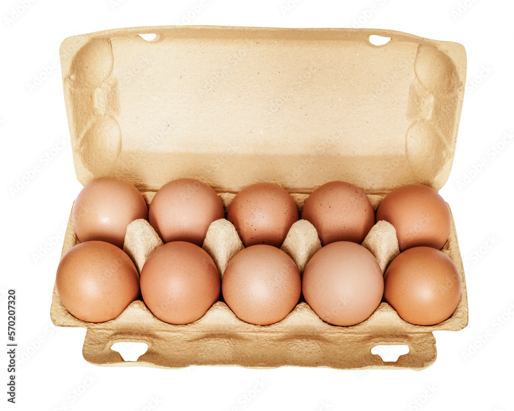 Chicken eggs in open carton box. Hen healthy eating. Isolated. png transparent