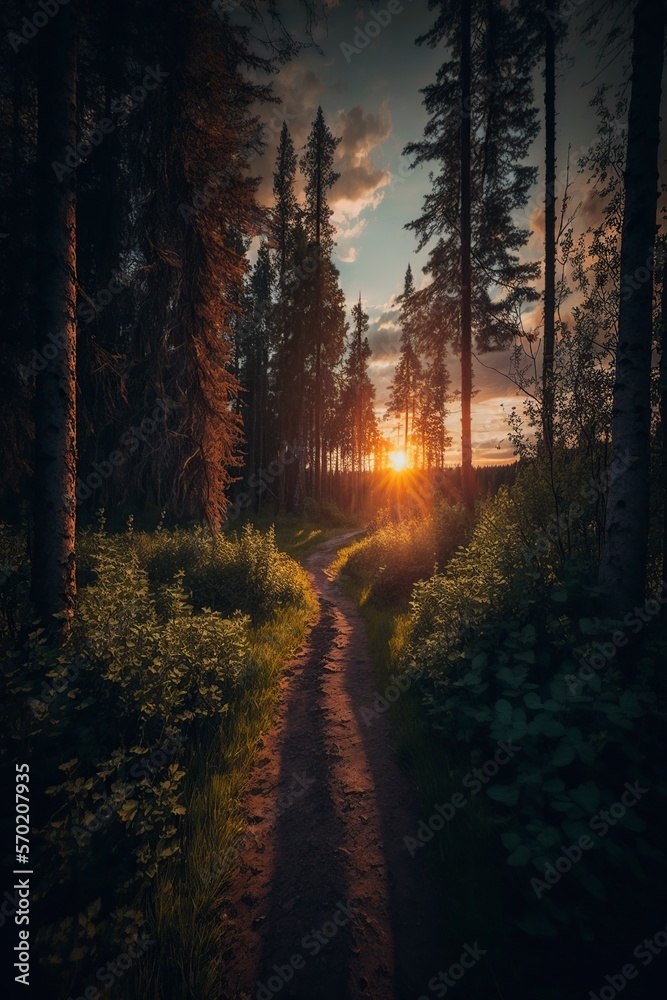 image, calm forest paths at sunset, generative ai