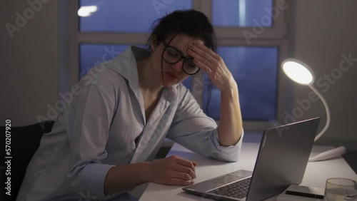 Wallpaper Mural Exhausted overworked woman feeling headache working on laptop late at night Torontodigital.ca