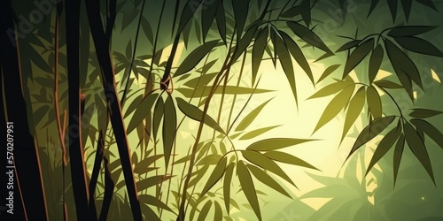 Bamboo leaves in the early morning sunshine. a tranquil  lush environment with a lovely bamboo grove. Cool  blurred image that is used as a background or wallpaper to create a simple  zen like atmosph