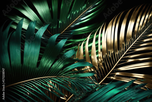 Bold metallic tone color of tropical monstera and palm leaf background. Generative ai.