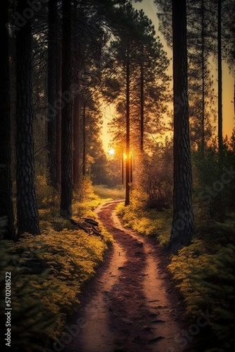 image, calm forest paths at sunset, generative ai