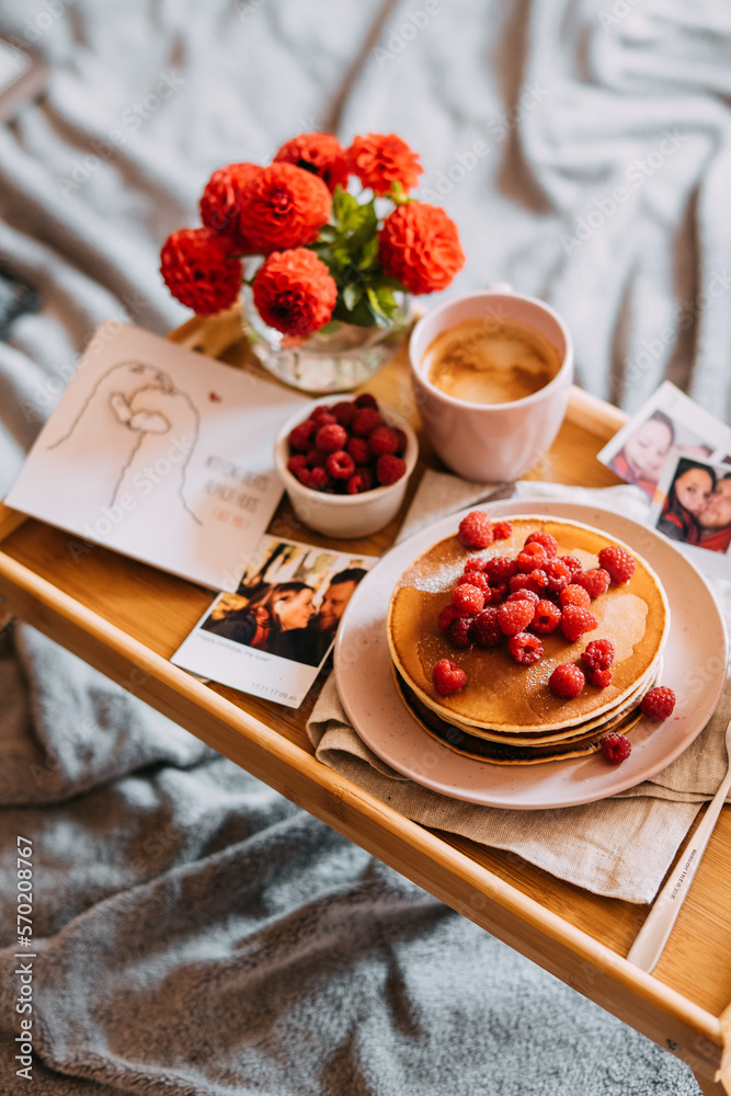 Tray with sweet breakfast in bed Tray with sweet breakfast in bed