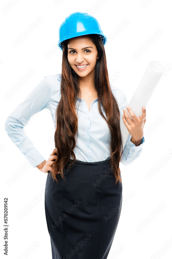 A young architect engineer designer employee smiling and posing with a safety helmet and blue prints for a new project isolated on a png background. A young architect engineer designer employee smiling and posing with a safety helmet and blue prints for a new project isolated on a png background.