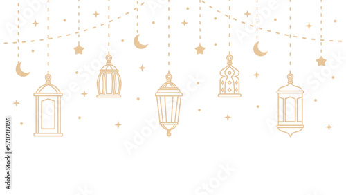 Five hanging ramadan lanterns and islamic ornaments isolated on white background.