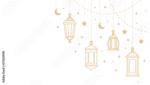 four hanging ramadan lanterns and islamic ornaments isolated on white background.