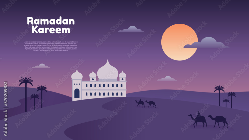 Ramadan kareem background with mosque, moon, desert and people on camel at night,