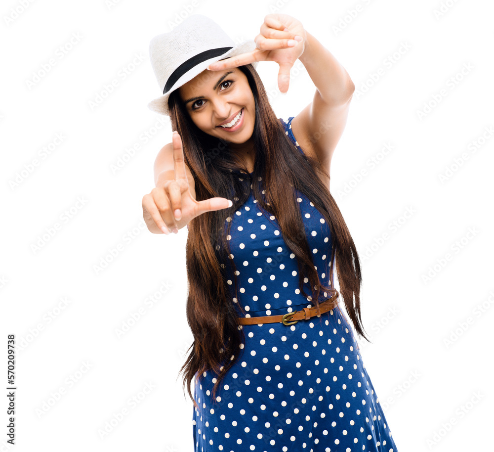 A young fashionable gen Z girl framing her smiling face with her fingers isolated on a png background. A young fashionable gen Z girl framing her smiling face with her fingers isolated on a png background.