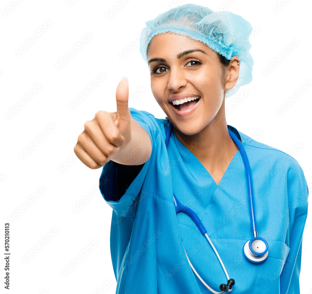 Close up of a happy young female medical intern in doctor's uniform giving a thums up towards the camera isolated on a png background. Close up of a happy young female medical intern in doctor's uniform giving a thums up towards the camera isolated on a png background.