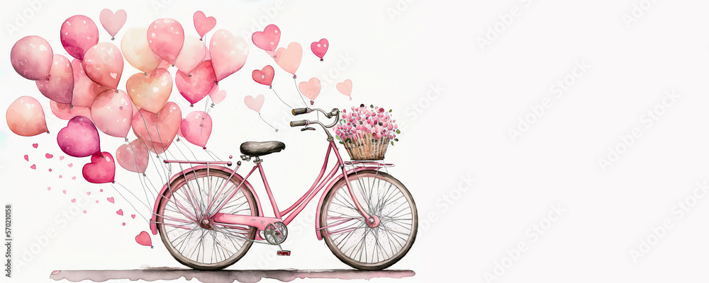 Watercolor bicycle with many pink cute heart shape balloons illustration banner, Valentine and love graphic resource. Space for copy. Generative AI