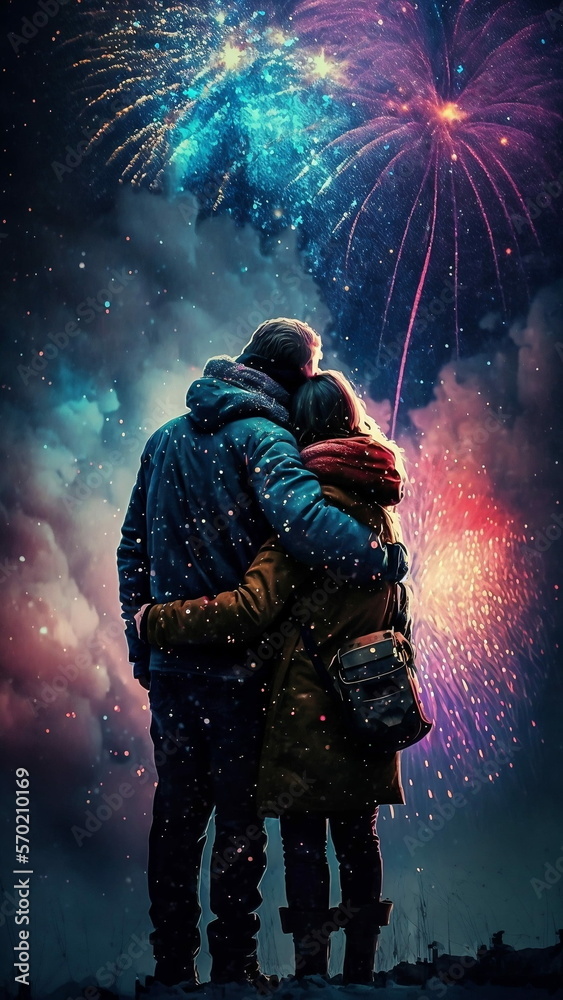 Couple Hugging watching fireworks. AI Generated. Couple Hugging watching fireworks. AI Generated.