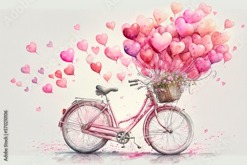 Watercolor bicycle with many pink cute heart shape balloons illustration, Valentine and love graphic resource. Generative AI © Dahina