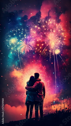 Couple Hugging watching fireworks. AI Generated.