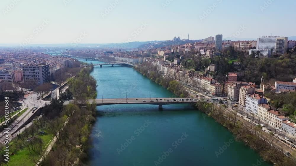 Low aerial view of the city of Lyon over the Saône river, France Low aerial view of the city of Lyon over the Saône river, France