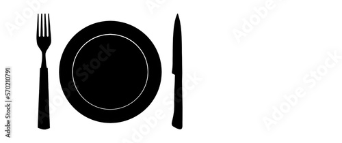 Topview of Set of Plate, Fork and Knife Silhouette on White Background photo