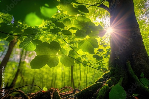 Sunlight Shines Through Green Leaves in the Forest 4. Generative AI.