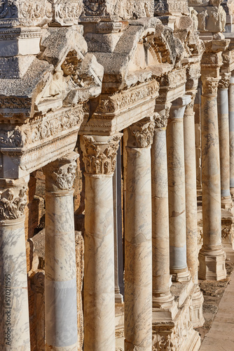 Amphitheatre classic columns in Hierapolis archeology landmark. Pamukkale, Turkey