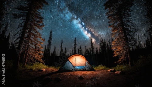 A glowing tent camped in the woods under the glittering sky. Generative ai composite.