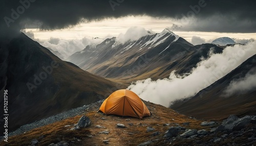 Camping atop a misty mountain peak in an orange tent to capture the view of nearby mountain summits. Generative ai composite.
