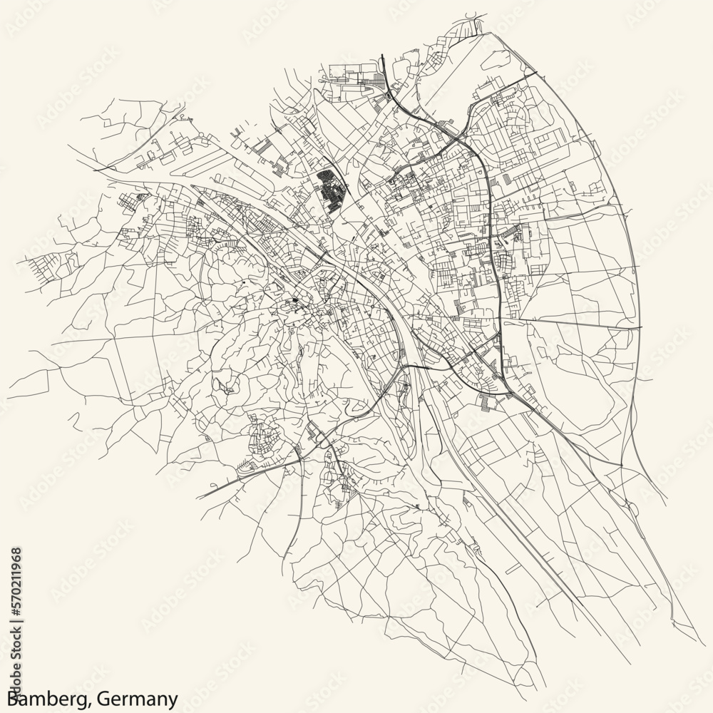 Detailed navigation black lines urban street roads map of the German town of BAMBERG, GERMANY on vintage beige background