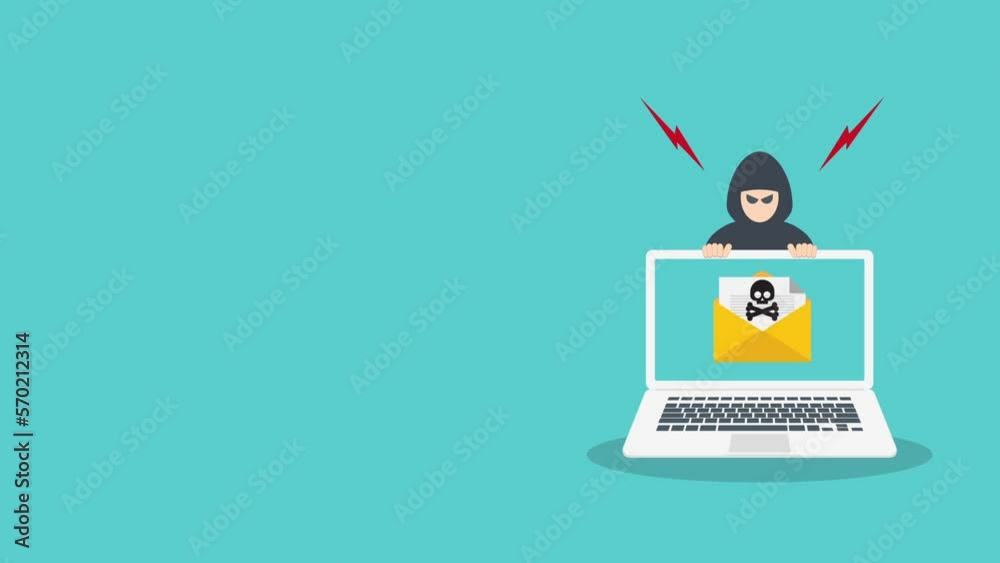 Hacker warning on laptop. Emergency alert of threat by hacker. Malware email with skull and crossbones. Hacking concept. Hacker warning on laptop. Emergency alert of threat by hacker. Malware email with skull and crossbones. Hacking concept.