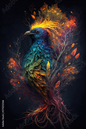 Colorful abstract bird of paradise on a black background. Image created with Generative AI technology. © Jasmina