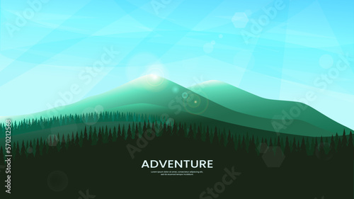 Beautiful mountain landscape. Green mountains with a forest on the background of a clear blue sky. A warm sunny day. Vector illustration for background, banner, cover, magazine.