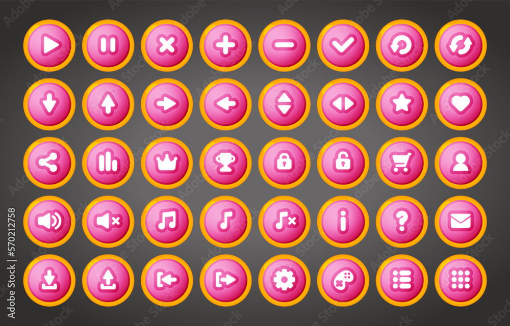 Colorful round UI game buttons in cartoon style. Vector game user interface buttons for 2d video