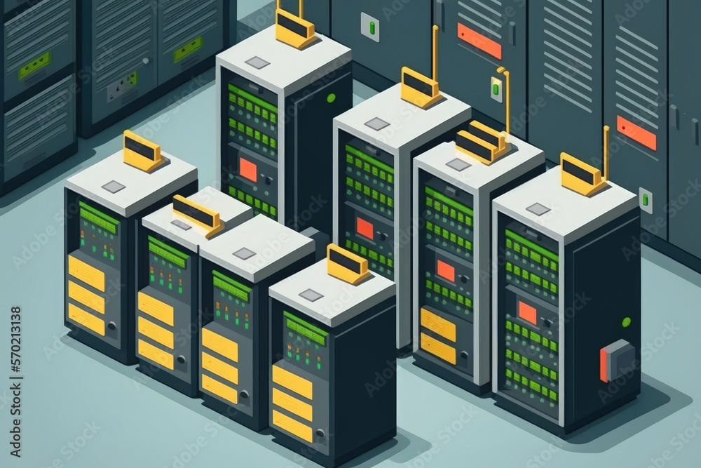Network servers in a row in a data center room. Generative AI Stock ...